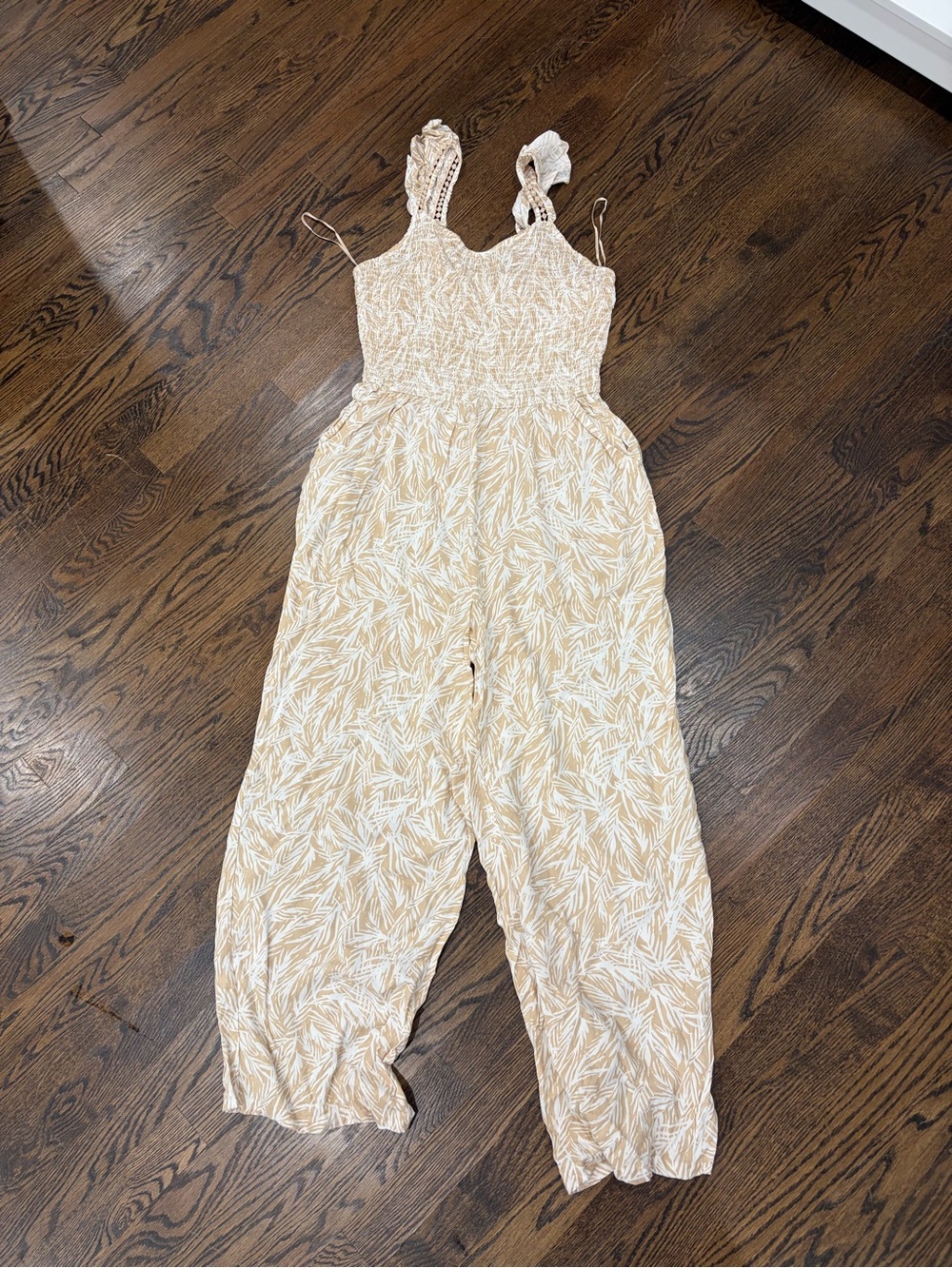 Beige and White Leaf-Print Smocked Jumpsuit